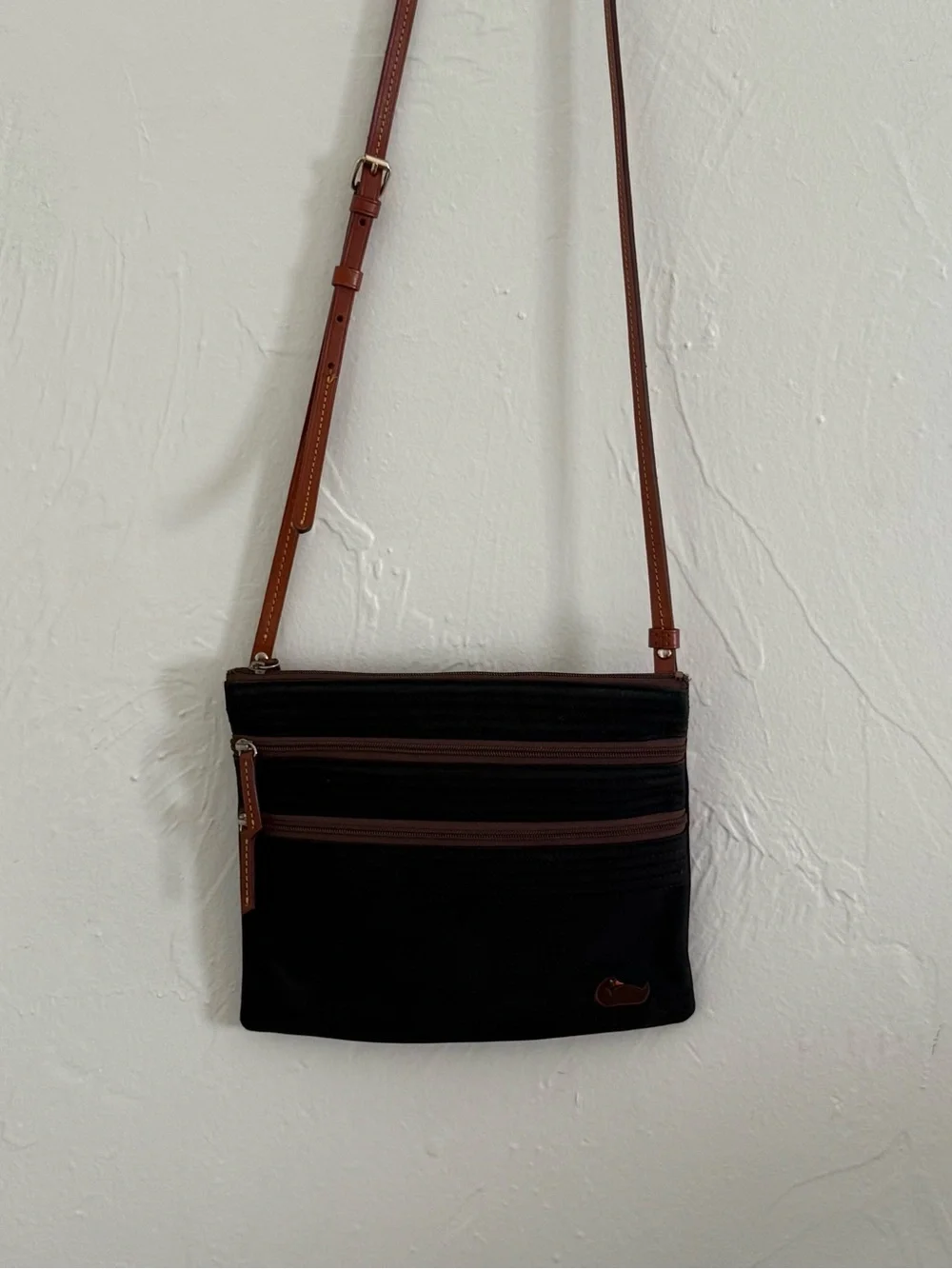 Dooney & Bourke Black Nylon Crossbody Bag with Brown Leather Logo Patch